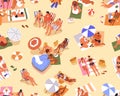 Seamless beach pattern with people sunbathing and relaxing on summer holiday, vacation. Tiny tourists at sea resort Royalty Free Stock Photo