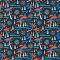 Seamless beach vector pattern with fireworks, palms and waves. Vector hawaiian background. Fabric design. Royalty Free Stock Photo