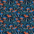 Seamless beach vector pattern with sand, palms and waves. Vector hawaiian background. Fabric design. Royalty Free Stock Photo