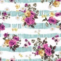 Seamless Beautiful Flowers Bouquet Pattern, with Striped Background. Royalty Free Stock Photo