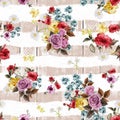 Seamless Beautiful Flowers Bouquet Pattern, with Striped Background. Royalty Free Stock Photo