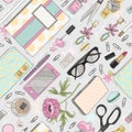 Seamless beauty pattern with make up, nail polish, flowers, jewelry, notebook, pen. Background for girls or women. Cute seamless