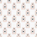 Seamless beauty pattern of perfume bottles with hearts on polka dots background.