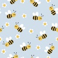 Seamless bee pattern. Vector illustration of bee and daisy on blue background. Royalty Free Stock Photo