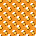 Seamless beer pattern. Beer mugs and glasses on an orange background. st patricks and octoberfest illustration. Vector