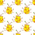 Seamless beetle, bugs yellow cartoon pattern. In kids style. Background with happy insects. Colorful hand drawn print. Vector dood Royalty Free Stock Photo