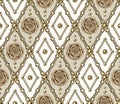 Seamless beige vintage diagonal pattern with gold chain, beads, roses.