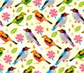 Seamless birds pattern with pink flower on white background