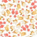 Seamless birthday pattern with cute owls and funny cat, balloons and gifts isolated on a white background Royalty Free Stock Photo