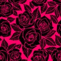 seamless black asymmetric pattern of rose contours on a pink background