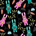 Seamless black background with rabbits