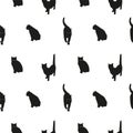 Seamless black cat silhouette pattern. Minimalist fabric or textile design with animal on white background Royalty Free Stock Photo