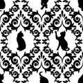 Seamless with black cats. Damask Royalty Free Stock Photo
