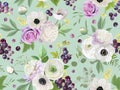 Seamless black currant pattern with summer berries, fruits, leaves, flowers background Royalty Free Stock Photo