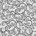 Seamless black lace ornamental pattern with curls on white background