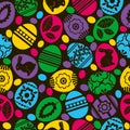 Seamless black pattern with color easter eggs, flowers and rabb