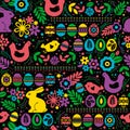 Seamless black pattern with color easter eggs, rabbit, flowers