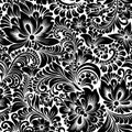 Seamless black pattern with flowers in folk style