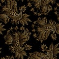 Seamless black pattern with Golden hand drawn ethnic bird. Royalty Free Stock Photo