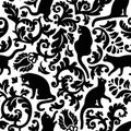 Seamless black and white cat damask vector pattern.