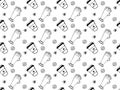 Seamless black and white doodle pattern with cocktails, holiday drinks, coffee