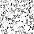 Seamless black and white floral pattern with flowers and leaves