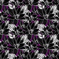 seamless black and white graphic pattern of large lily flowers on a purple background Royalty Free Stock Photo