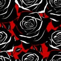 seamless black and white graphic pattern of large rose flowers on a gray red background, texture