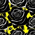 seamless black and white graphic pattern of large rose flowers on a yellow background