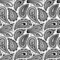 Seamless black and white paisley ornament. Print turkish cucumber. Hand-drawn pattern for textiles. Vector illustration