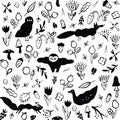 Seamless black and white pattern with animals, flowers, berries, mushrooms and insects. Royalty Free Stock Photo