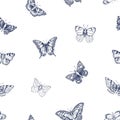 Seamless black and white pattern, butterflies repeating pattern. Moths background. Engraved etched texture design drawn Royalty Free Stock Photo