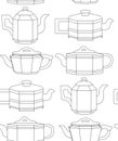 Seamless black and white pattern with contour clay teapots in row. Chinese tea ceremony. Linear drawing of kettles. Vector texture