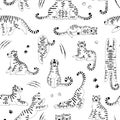 Seamless black-white pattern with cute tigers, scratches and paw marks. Design for fabric and wrapping paper with tiger