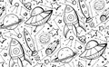 Seamless black and white pattern with hand drawn contour child illustrations of stars, spaceships and UFOs. Vector doodle texture