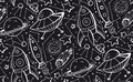 Seamless black and white pattern with hand drawn contour child illustrations of stars, spaceships and UFOs. Vector doodle texture Royalty Free Stock Photo