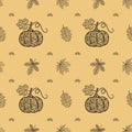 Seamless black and white pattern with pumpkins.