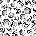 Seamless black and white pattern with sea shells. Vector illustration.