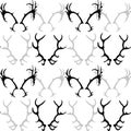 Seamless black and white pattern with silhouette of deer horns. Royalty Free Stock Photo