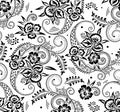 Seamless black and white swirly floral pattern design