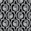 Seamless black and white traditional indian peacock pattern