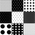 Seamless black, white vector pattern or background set with big and small polka dots Royalty Free Stock Photo