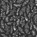 Seamless black and white vector pattern with hand drawn flowers, branches, leaves and herbs isolated on black background. Floral Royalty Free Stock Photo