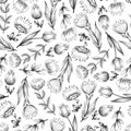 Seamless black and white vector pattern with hand drawn flowers isolated on white background. Floral design for fabric, print, Royalty Free Stock Photo