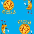 Seamless blue background with cheerful character piece of pizza and a large pizza with the signature. Vector image
