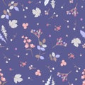 Seamless blue background with colorful leaves, bud and flowers in vector. Ditsy natural pattern. Print for fabric Royalty Free Stock Photo