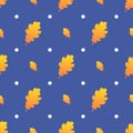 Seamless blue background with orange leaves. Vector illustration. Beautiful bright pattern. Oak leaves and white dots Royalty Free Stock Photo