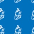 Seamless blue background with a sketch of the human heart. Vector Royalty Free Stock Photo