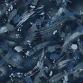 Seamless blue camouflage pattern with grunge paint brush strokes