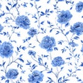 Seamless blue floral pattern with hand painted peonies and branches on white background Royalty Free Stock Photo